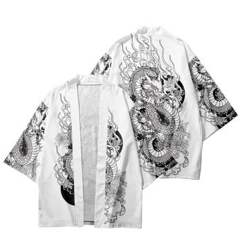 2022 Sieviešu Jaciņa Cosplay Samurai Haori Āzijas Apģērbu Tradicionālo Pūķis Drukāt Balts Kimono, Japāņu Vīrieši Beach Yukata