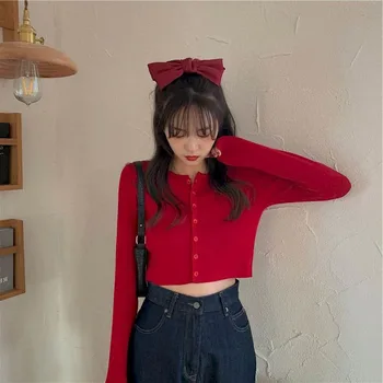 Īsā jaciņa sievietēm red vienu-krūšu jaunu korejiešu cieši piegulošu sexy džemperis 2022. gada pavasarī, rudenī visu maču top īsā meitene valkā