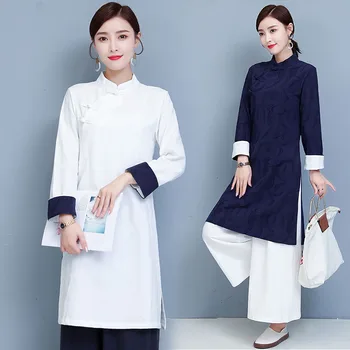 Sieviešu Ķīniešu Stilā Tang Uzvalks Austrumu Apģērbu Gadījuma Retro Modes Cheongsam Topi, Bikses Blūze kokvilnas veļa Kungfu kostīms