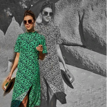 AIIOU Sievietēm Zaļā Kleita Vasaras Gadījuma Beach Ziedu Drukāt Bodycon Moderns Elagant Dāmas Zaļo Brīvdienu Boho Puse Midi Vestido