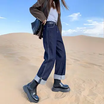 Pavasarī, Rudenī Jaunu Modes Augsto Vidukli, Zaudēt Plaša Kāju Sieviešu Džinsa Bikses Zilā Taisni Velmēta Tērauda Kāju Korejas Gadījuma Streetwear Bikses
