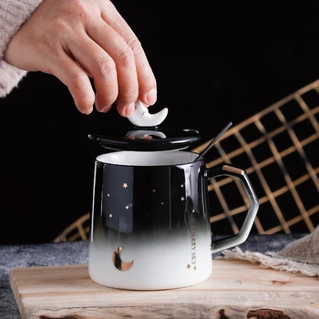 Nordic Style Zvaigžņu Keramikas Krūze Ūdens Tasi Piena, Kafijas, Tējas Tase Ar Vāku Un Karoti Brokastu Krūzes Drinkware Mīļotājiem Dāvanu