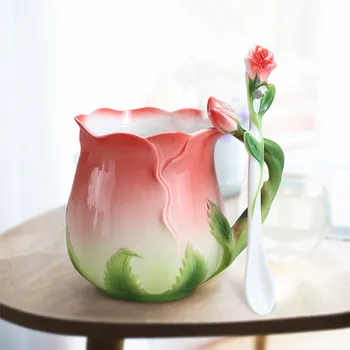Caneca de café de cerâmica esmaltada estilo europeu, criativa 3d em formato de flor de rosa,copos de com leite colher naudas sodu ķīna