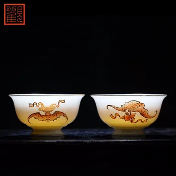 Guanfu Muzejs Jingdezhen Tējas Komplekts Svētību Redzeslokā Pāris Tases Rokasgrāmata Glezniecības Zelta Rokām Krāsotas Alauns Sarkano Krāsu Tējas Tase Ku