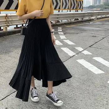 Asimetrisks Augsta Vidukļa Šifona Korejiešu Stilā, Modes Šiks Harajuku Vienkārši Jaunu Nelegālo Sieviešu Svārki Cietā Kroku Streetwear
