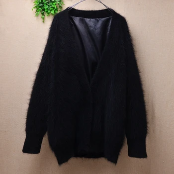 lady sieviešu modes melns rudens ziemas apģērbu ūdeļu kašmira adīta dziļu v-veida kakla vaļēju jaku angoras kažokādas jaka, mētelis, džemperis