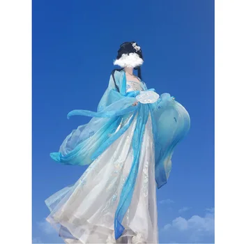 LiuTingJu Oriģinālo Pasaku Hanfu Kleitas Sievietēm Salds Zils Tauriņš Dekorēts Drēbes, Mežģīnēm Rotātu Kleitu Princese Posmā Drēbes