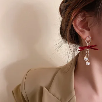 Korejas Samta bowknot sieviešu pērle rhinestone auskars super pasaku ilgi stila eardrop vienkārši tendence