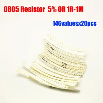 0805 SMD Rezistors, 5% Pielaidi 146valuesx20pcs=2920pcs Rezistoru Komplekts 0R 1R-1M Nažu Komplekts