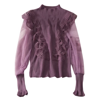 Rudenī Ir 2021. Sieviešu Mežģīņu Raibs Ruffles Džemperi Elegants Jaunas Drēbes Puse Augstu Uzrullētu Apkakli Slim Acs Piedurknēm Fit Adīt Džemperi Salds