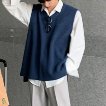 Modes korejiešu Stilā Šiks tīrtoņa Krāsu Adīšanas Džemperi Top Vīriešu Rudens 2023 Jaunu Zaudēt V-veida kakla bez Piedurknēm, Apakškrekli Vīriešu Jūra