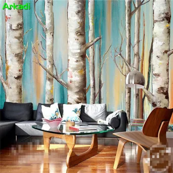 Pasūtījuma 3D sienas svaigi tapetes dzīvojamā istabā mākslas flīžu fona sienas, eļļas glezna poplar forest mūsdienu minimālisma dzīvojamā istaba