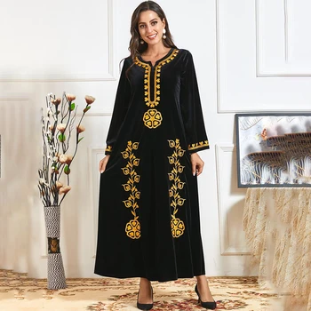 Musulmaņu ģērbšanās Sieviešu ziedu biezs samts zelta diegu izšuvumi rudens un ziemas gadījuma zaudēt ilgi svārki Abaya Dubaija Kleitas
