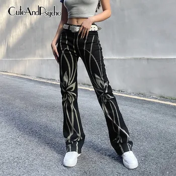 Grafiskais Izdrukāt Estētisko 90s Džinsi Streetwear Harajuku Fashion Džinsa Bikses ar Augstu Vidukli Šiks Taisni Treniņbikses Cuteandpsycho