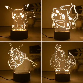 Kawaii Pokemon 3D Nakts Gaisma Pikachu Bulbasaur Gengar Charmander Attēls Modelis Kids Guļamistaba Galda Lampa Dzimšanas dienas Dāvana Bērniem Rotaļlietas