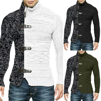 Ir 2021. rudens ziemas augstu kakla džemperis vīriešu krāsu saskaņošanas ādas sprādzi garo piedurkņu trikotāžas jaka Eiropas un AmericanLarge