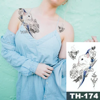 Ūdensnecaurlaidīgus Pagaidu Tetovējumu Uzlīmes Zils Kaķis Rožu Modelis Tetovējums, Ūdens Nodošanu Teacup Body Art Viltus Rokas Tetovējums Sievietēm