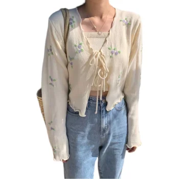 Sieviešu Jaka Divu veidu Komplekti, Trikotāžas Džemperis ir 2021. korejas Apģērbu Mežģīnes Up Plānas Jakas Slim Crop Topi Džemperi+base linga