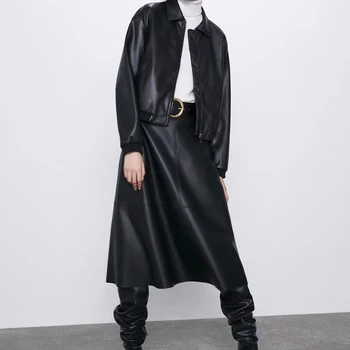 xikom ir 2021. Sieviešu PU Modes Vintage Black Atdzist zaudēt Jaka, mētelis Sieviešu Ikdienas Streetwear ar garām Piedurknēm ar Rāvējslēdzēju Augšu