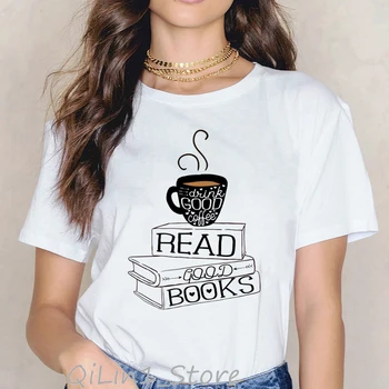 Dzert labu kafiju, lasīt labas grāmatas smieklīgi grafikas t krekli, sieviešu roupas tumblr vasaras top sieviešu t-krekls vintage t krekls drēbes