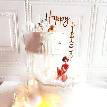 Jaunu Zelta taisnā Leņķī Happy Birthday Cake Topper Rozā Akrila Bērniem Dzimšanas dienas ballīti Kūka Toppers Baby Dušas Desertu Dekorēšanai