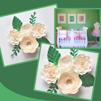 Roku darbs Ivory Rose DIY Papīra Ziedus, Lapas Set Baby Dušas Backdrops Rotājumi Meitenes Bērnudārza Sienas Deco Video Pamācības