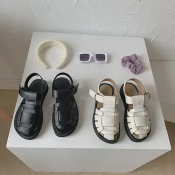 Retro Romiešu austi dzīvoklis sieviešu kurpes dizaina pārredzamu atvērtā toed dzīvoklis sandales Britu stila kurpes dzīvoklis sandales, pludmales apavi