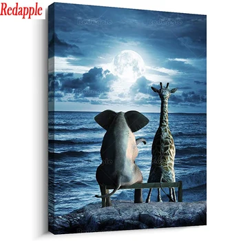 Dimanta krāsošana dzīvnieku zilonis, žirafe abstraktu attēlu pilnā laukumā kārtas urbt zilā okeāna biroja sienas gleznojums, mājas dekoru MĀKSLA