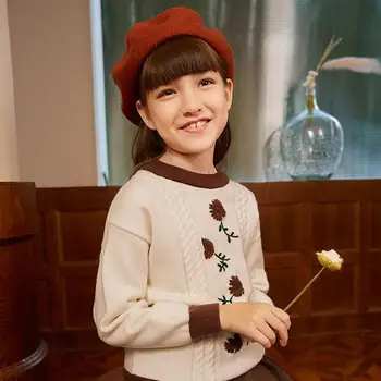 Rudens Ziemas Trikotāžas Džemperis Meitenēm Modes Ziedu Izšuvumu Mīkstu Kokvilnas Trikotāžas Džemperi Bērniem Siltas Zemāko Topi