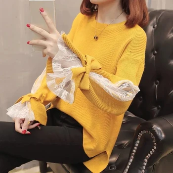 Džemperi, Sievietēm, Elegants Moderns Laternu Piedurknēm Salds Priekšgala Dizainu Mežģīnes Šiks Trikotāža Visu Maču Pavasara Rudens Krekls Apģērbi
