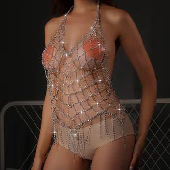 2022 Puse Vasaras Sexy Rhinestone Mesh Dress Festivāls Sieviešu Top Pušķis Iestādes Ķēdes Peldkostīmu Acessory Bikini Dāvana