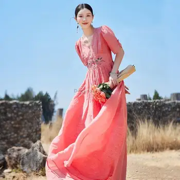 valsts vasarā, ķīniešu etniskais stils izšuvumi v-veida kakla kleita slim izšuvumi vintage svārki svētku gadījuma kleita sievietēm g425