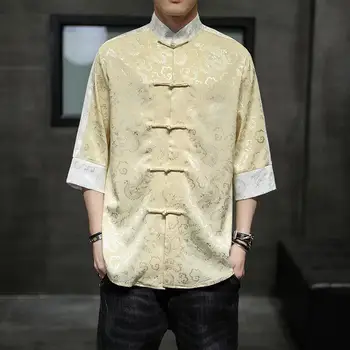 Krekls Melnā Drukas Pūķis Tang Tērps Mandarīna Apkakles Jaka Austrumu Krekls Ķīniešu Tradicionālā Retro Mētelis Plus Lieluma Īsām Piedurknēm