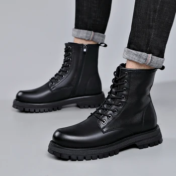 Britu stila vīriešu modes pusei naktsklubs kleita mīkstas ādas zābaki, melnas platformas kurpes mežģīnes-up kovboju boot skaists augstās botas