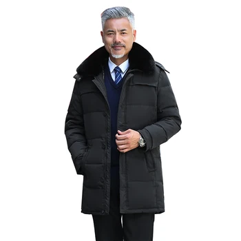 ziemas Down coat vidēja vecuma vīriešiem gadījuma siltu kapuci uz leju, mēteļi luksusa augstas kvalitātes kažokādas apkakle, bieza, gara dūnu jaka vīriešiem